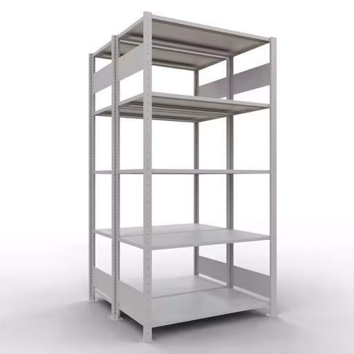 Basisplank, dubbele plank, rekkensysteem MULTIplus150, 2000 x 1000 x (2x500) mm (HxBxD), 2x5 planken, lengtestangen, RAL 7035 lichtgrijs van Schulte Lagertechnik Basisplank, dubbele plank, stellingsysteem MULTIplus150, 2000 x 1000 x (2x500) mm (HxBxD), 2x5 planken, lengtestangen, RAL 7035 lichtgrijs, dubbele planken, art.nr. 33150