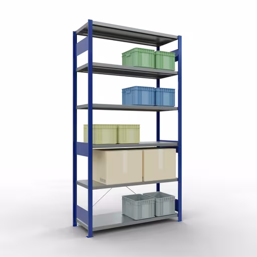 Basisplank, legbord, insteeksysteem MULTIplus250, 2500 x 1300 x 500 mm, 6 legborden, kruisschoor, RAL 5010 gentiaanblauw/verzinkt van Schulte Lagertechnik uit het assortiment insteeksysteem