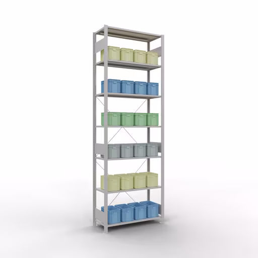 Productafbeelding nr. 13 van het artikel basisplank, legbord, insteeksysteem MULTIplus150, 3000 x 1000 x 400 mm (HxBxD), 7 legborden, kruisschoor, RAL 7035 lichtgrijs Figuur nr. 13 van het artikel basisplank, legbord, insteeksysteem MULTIplus150, 3000 x 1000 x 400 mm, 7 legborden, kruisschoor, RAL 7035 lichtgrijs uit de productgroep insteeksysteem van Schulte Lagertechnik.