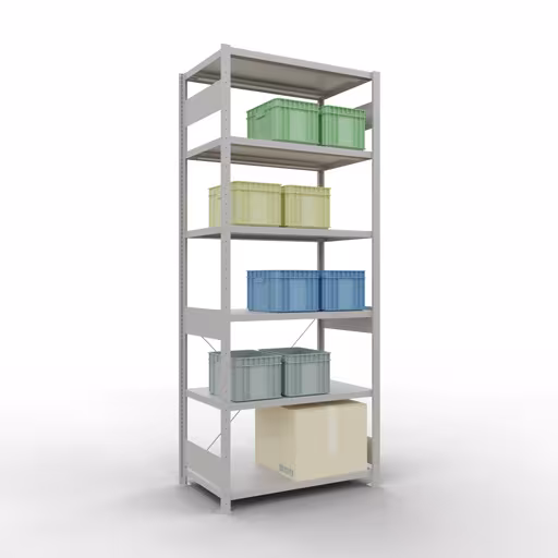 Basisplank, legbord, insteeksysteem MULTIplus250, 2500 x 1000 x 600 mm (HxBxD), 6 legborden, kruisschoor, RAL 7035 lichtgrijs met artikelnr. 32861 Basisplank, legbord, insteeksysteem MULTIplus250, 2500 x 1000 x 600 mm, 6 planken, kruisschoor, RAL 7035 lichtgrijs van Schulte Lagertechnik uit de categorie insteeksysteem