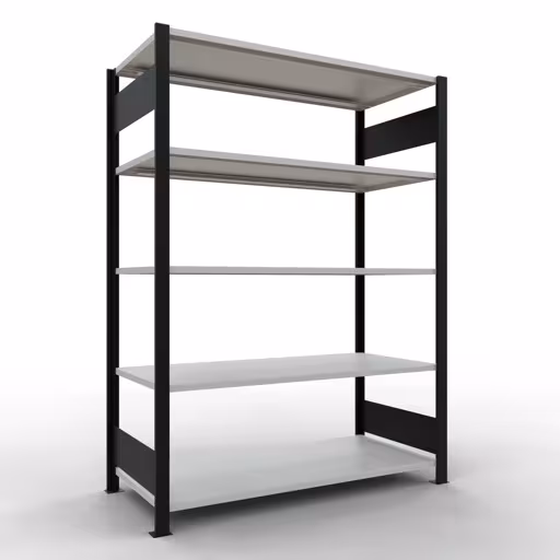 Basisplank, kantoorrek, insteeksysteem MULTIplus150, 1800 x 1300 x 600 mm (HxBxD), 5 planken, lengtestangen, zonder middenaanslag, zwart/lichtgrijs, insteeksysteem, art.nr. 36056-S