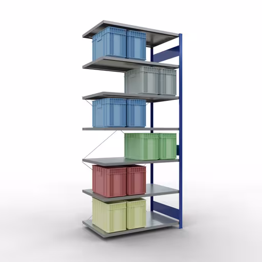 Productafbeelding nr. 14 van het artikel Aanbouwrekken, legbordstellingen, insteeksysteem MULTIplus250, 3000 x 1300 x 800 mm, 7 legborden, kruisschoor, RAL 5010 gentiaanblauw/verzinkt Afbeelding nr. 14 van het artikel aanbouwrekken, stellingrekken, insteeksysteem MULTIplus250, 3000 x 1300 x 800 mm, 7 legborden, kruisschoor, RAL 5010 gentiaanblauw/verzinkt uit de productgroep insteeksysteem van Schulte Lagertechnik