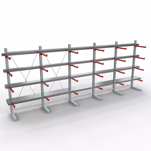 Productafbeelding nr. 10 van artikel K 6000 compleet legbord, eenzijdig, 3000 x 7500 x 750 mm, RAL 7001 / RAL 3000, 5 opslagniveaus Afbeelding nr. 10 van het artikel K 6000 complete stelling, eenzijdig, 3000 x 7500 x 750 mm, RAL 7001 / RAL 3000, 5 opslagniveaus uit de productgroep draagarmstellingen van Schulte Lagertechnik