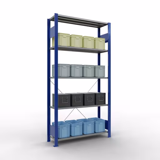 Basisplank, legplank, insteeksysteem MULTIplus150, 2000 x 1000 x 300 mm (HxBxD), 5 legborden, kruisschoor, RAL 5010/verzinkt met de GTIN 4004514208743 Basisplank, legbord, insteeksysteem MULTIplus150, 2000 x 1000 x 300 mm, 5 legborden, RAL 5010/verzinkt van Schulte Lagertechnik met artikelnr. 12630-B