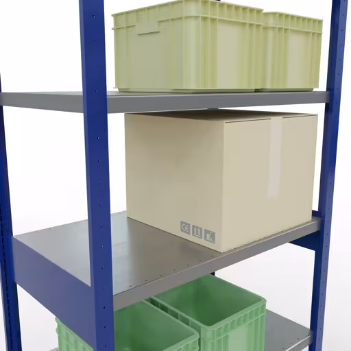 Productafbeelding nr. 13 van het artikel basisplank, legbord, insteeksysteem MULTIplus330, 2500 x 1000 x 600 mm (HxBxD), 6 legborden, lengtestangen, RAL 5010 gentiaanblauw/verzinkt Figuur nr. 13 van het artikel basisrek, legbord, insteeksysteem MULTIplus330, 2500 x 1000 x 600 mm, 6 legborden, lengtestangen, RAL 5010 gentiaanblauw/verzinkt uit de insteeksysteem productgroep van Schulte Lagertechnik.