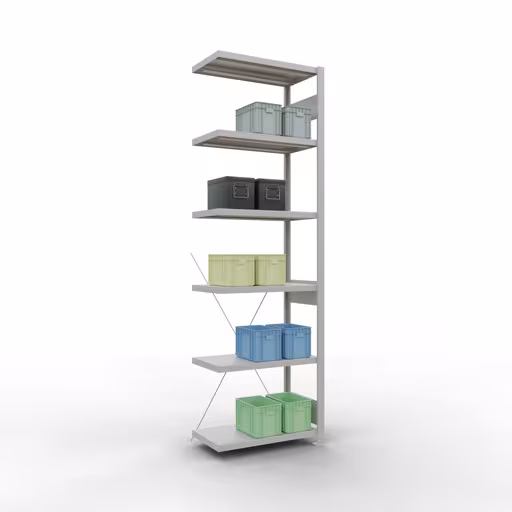 Productafbeelding nr. 13 van het artikel Aanbouwrekken, legbordstellingen, insteeksysteem MULTIplus250, 2500 x 750 x 400 mm (HxBxD), 6 legborden, kruisschoor, RAL 7035 lichtgrijs Figuur nr. 13 van het artikel aanbouwrekken, legbordstellingen, insteeksysteem MULTIplus250, 2500 x 750 x 400 mm, 6 legborden, kruisschoor, RAL 7035 lichtgrijs uit de insteeksysteem productgroep van Schulte Lagertechnik.