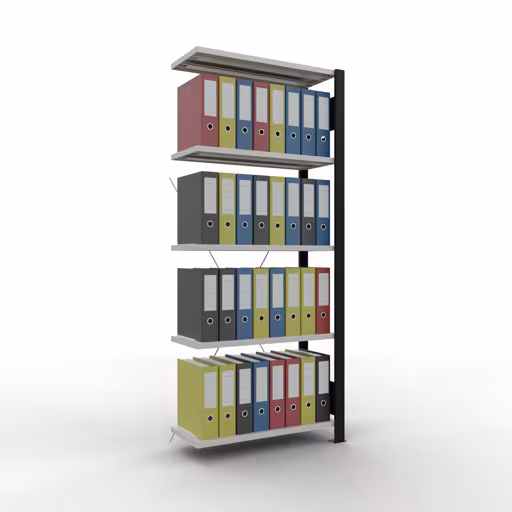 Productafbeelding nr. 16 van het artikel Aanbouwstelling, kantoorstelling, insteeksysteem MULTIplus85, 1800 x 750 x 300 mm, 5 legborden, kruisschoor, zonder aanslaglijst, zwart/lichtgrijs Figuur nr. 16 van het artikel aanbouwrekken, kantoorrekken, insteeksysteem MULTIplus85, 1800 x 750 x 300 mm, 5 planken, kruisschoor, zonder aanslaglijst, zwart/lichtgrijs uit de productgroep kantoorrekken van Schulte Lagertechnik.