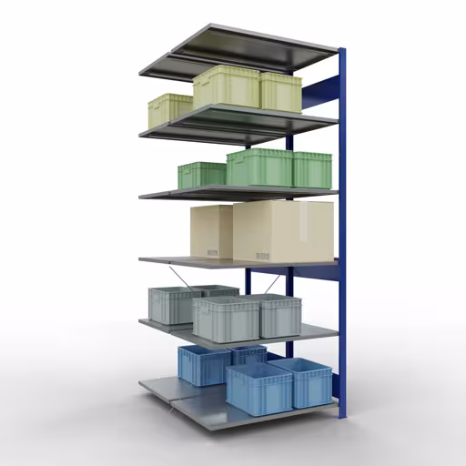 Aanbouwrekken, dubbele rekken, rekkensysteem MULTIplus150, 2500 x 1000 x (2x600) mm (HxBxD), 2x6 planken, kruisschoor, RAL 5010 gentiaanblauw uit de categorie dubbele rekken met de GTIN 4004514293855 Aanbouwrekken, dubbele rekken, rekkensysteem MULTIplus150, 2500 x 1000 x (2x600) mm, 2x6 planken, kruisschoor, RAL 5010 gentiaanblauw van Schulte Lagertechnik uit het rekkenprogramma