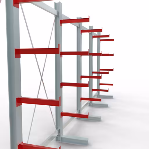 Productafbeelding nr. 11 van artikel K 3000 compleet legbord, eenzijdig, 2500 x 6500 x 500 mm, RAL 7001 / RAL 3000, 5 opslagniveaus Figuur nr. 11 van het artikel K 3000 complete stelling, eenzijdig, 2500 x 6500 x 500 mm, RAL 7001 / RAL 3000, 5 opslagniveaus uit de productgroep draagarmstellingen van Schulte Lagertechnik.