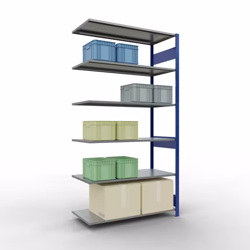Aanbouwrekken, legbordstellingen, insteeksysteem MULTIplus150, 2500 x 1300 x 600 mm, 6 legborden, lengtestangen, RAL 5010 gentiaanblauw/verzinkt van Schulte Lagertechnik met artikelnr. 12766-130-LR-B