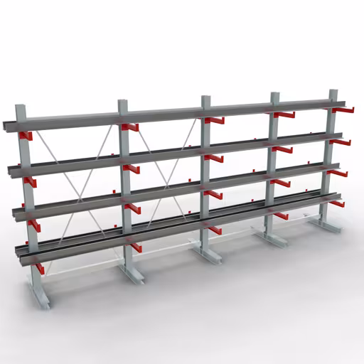 Productafbeelding nr. 11 van artikel K 3000 complete plank, dubbelzijdig, 2500 x 5200 x 400 mm, RAL 7001 / RAL 3000, 5 opslagniveaus Figuur nr. 11 van het artikel K 3000 complete stelling, dubbelzijdig, 2500 x 5200 x 400 mm, RAL 7001 / RAL 3000, 5 opslagniveaus uit de productgroep draagarmstellingen van Schulte Lagertechnik.