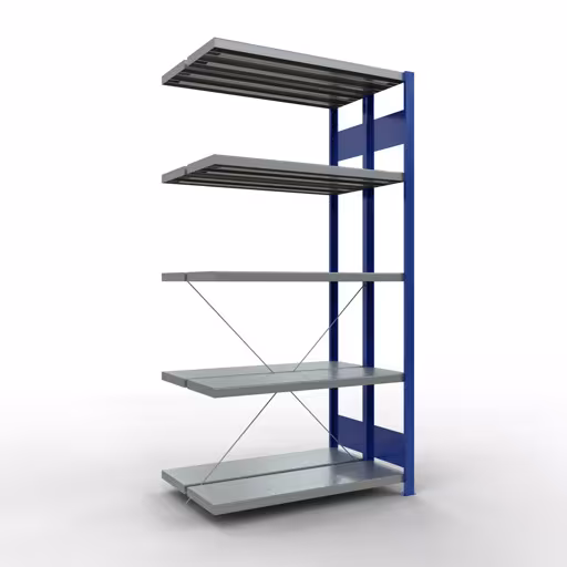 Figuur nr. 12 van het artikel aanbouwrekken, dubbele rekken, rekkensysteem MULTIplus250, 2000 x 1000 x (2x300) mm, 2x5 planken, kruisschoor, RAL 5010 gentiaanblauw uit de rekkenproductgroep van Schulte Lagertechnik.
