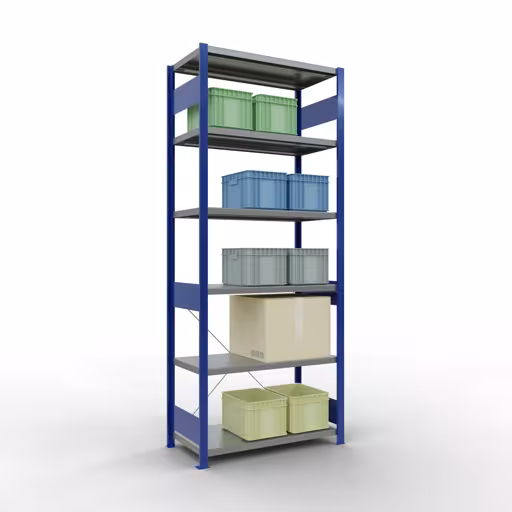 Basisplank, legbord, insteeksysteem MULTIplus330, 2500 x 1000 x 500 mm, 6 legborden, kruisschoor, RAL 5010 gentiaanblauw/verzinkt van Schulte Lagertechnik uit het assortiment insteeksysteem
