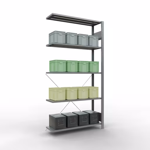 Aanbouwrekken, rekken, insteeksysteem MULTIplus150, 2000 x 1000 x 300 mm (HxBxD), 5 legborden, kruisschoor, verzinkt - Expressline uit de categorie aanbouwrekken met de GTIN 4058255068586 Aanbouwrekken, rekken, insteeksysteem MULTIplus150, 2000 x 1000 x 300 mm, 5 legborden, verzinkt - Expressline van het merk Schulte Lagertechnik uit het assortiment insteeksystemen