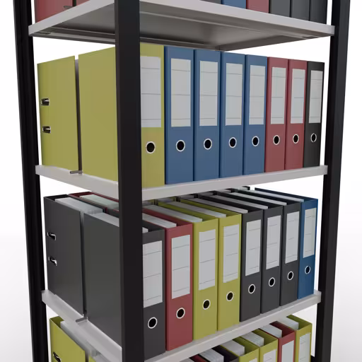 Basisstelling, kantoorstelling, insteeksysteem MULTIplus150, 1800 x 750 x 600 mm, 5 legborden, lengtestangen, met middenaanslag, zwart/lichtgrijs uit de categorie insteeksysteem met de GTIN 4004514249937 , kantoorrekkensysteem MULTIplus150, 1800 x 750 x 600 mm, 5 planken, met middenaanslag, zwart/lichtgrijs van Schulte Lagertechnik uit het assortiment kantoorrekken