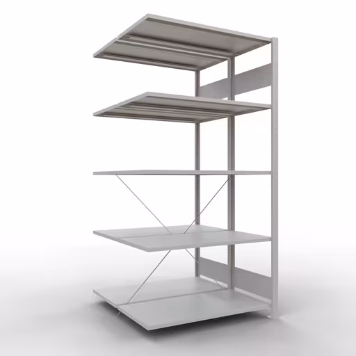 Aanbouwrekken, dubbele rekken, rekkensysteem MULTIplus150, 2000 x 1000 x (2x500) mm (HxBxD), 2x5 planken, kruisschoor, RAL 7035 lichtgrijs van Schulte Lagertechnik Aanbouwrekken, dubbele rekken, stellingsysteem MULTIplus150, 2000 x 1000 x (2x500) mm (HxBxD), 2x5 legborden, kruisschoor, RAL 7035 lichtgrijs, dubbele legborden, art.nr. 32755