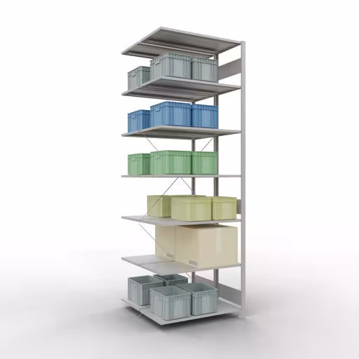 Aanbouwrekken, dubbele rekken, stellingsysteem MULTIplus150, 3000 x 1000 x (2x1000) mm (HxBxD), 2x7 planken, kruisschoor, RAL 7035 lichtgrijs met de GTIN 4058255035243 Aanbouwrekken, dubbele rekken, rekkensysteem MULTIplus150, 3000 x 1000 x (2x1000) mm, 2x7 planken, RAL 7035 lichtgrijs van Schulte Lagertechnik met het artikelnr. 32757