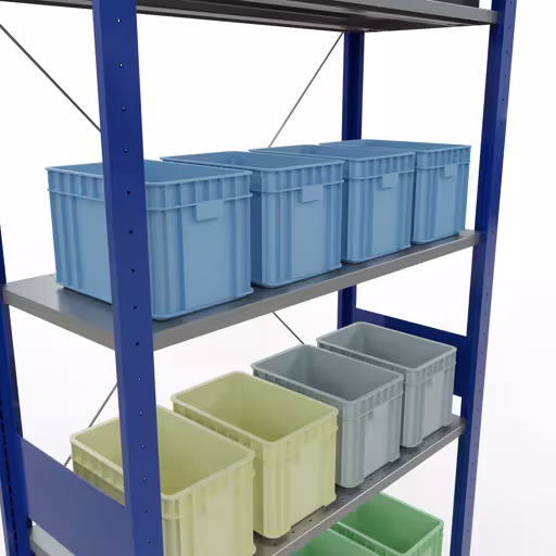 Basisplank, legplank, insteeksysteem MULTIplus85, 3000 x 1000 x 400 mm (HxBxD), 7 legborden, kruisschoor, RAL 5010 gentiaanblauw uit de categorie basisplanken met de GTIN 4004514284754 Basisplank, legbord, insteeksysteem MULTIplus85, 3000 x 1000 x 400 mm, 7 legborden, RAL 5010 gentiaanblauw van het merk Schulte Lagertechnik uit het assortiment insteeksysteem