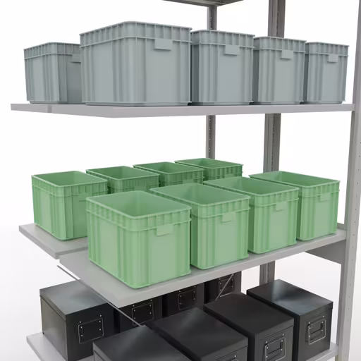 Andere weergave van het artikel Aanbouwplank, dubbele plank, rekkensysteem MULTIplus150, 2500 x 1000 x (2x400) mm, 2x6 planken, kruisschoor, RAL 7035 lichtgrijs uit de categorie rekken