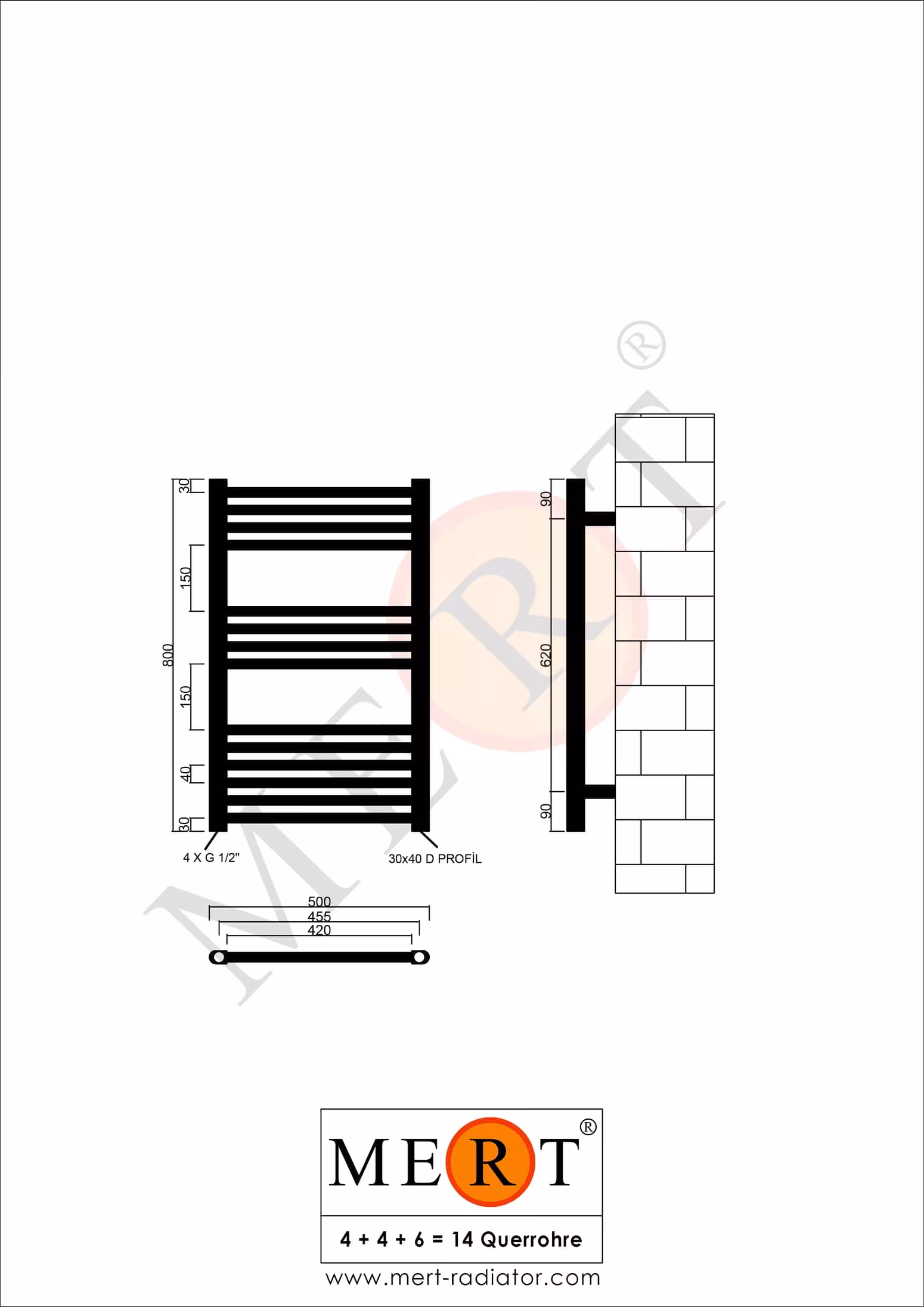 MERT vervangende badkamerradiator wit recht, 500*800 mm, standaard rechts/links aansluiting (GEEN middenaansluiting) van MERT met art.nr. 1-50x080-S
