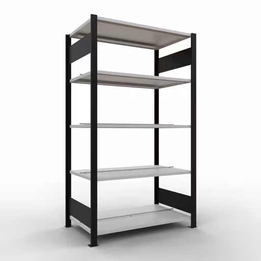 Basisplank, kantoorrek, insteeksysteem MULTIplus150, 1800 x 1000 x 600 mm (HxBxD), 5 planken, lengtestangen, met middenaanslag, zwart/lichtgrijs, insteeksysteem, art.nr. 36037-S