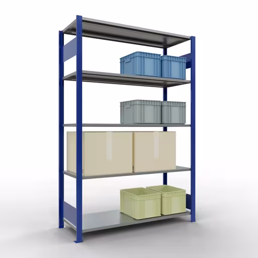 Basisplank, legplank, insteeksysteem MULTIplus150, 2000 x 1300 x 500 mm (HxBxD), 5 legborden, lengtestangen, RAL 5010 gentiaanblauw/verzinkt uit de categorie basisplanken met de GTIN 4004514280329 Basisplank, legbord, insteeksysteem MULTIplus150, 2000 x 1300 x 500 mm, 5 legborden, RAL 5010 gentiaanblauw/gegalvaniseerd van het merk Schulte Lagertechnik uit het assortiment insteeksysteem