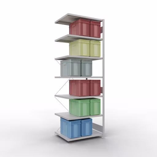 Productafbeelding nr. 13 van het artikel Aanbouwrekken, legbordstellingen, insteeksysteem MULTIplus330, 3000 x 1000 x 800 mm, 7 legborden, kruisschoor, RAL 7035 lichtgrijs Afbeelding nr. 13 van het artikel aanbouwrekken, legbordstellingen, insteeksysteem MULTIplus330, 3000 x 1000 x 800 mm, 7 legborden, kruisschoor, RAL 7035 lichtgrijs uit de productgroep insteeksysteem van Schulte Lagertechnik