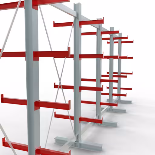 Productafbeelding nr. 12 van artikel K 3000 complete plank, dubbelzijdig, 2500 x 6500 x 400 mm, RAL 7001 / RAL 3000, 5 opslagniveaus Figuur nr. 12 van het artikel K 3000 complete stelling, dubbelzijdig, 2500 x 6500 x 400 mm, RAL 7001 / RAL 3000, 5 opslagniveaus uit de productgroep draagarmstellingen van Schulte Lagertechnik.