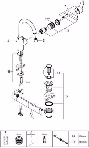 Technische Zeichnung 4049705 GROHE ééngreeps wastafelmengkraan Eurostyle C 23043_3 L-Maat chroom