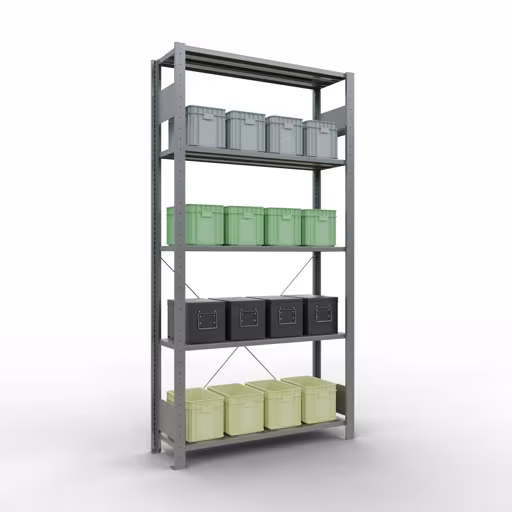 Productafbeelding nr. 15 van het artikel basisplank, legbord, insteeksysteem MULTIplus85, 2000 x 1000 x 300 mm (HxBxD), 5 legborden, kruisschoor, verzinkt Figuur nr. 15 van het artikel basisrek, legplank-insteeksysteem MULTIplus85, 2000 x 1000 x 300 mm, 5 legborden, verzinkt uit de productgroep insteeksysteem van het merk Schulte Lagertechnik.