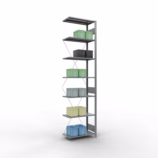 Aanbouwrekken, legborden, insteeksysteem MULTIplus150, 3000 x 750 x 400 mm (HxBxD), 7 legborden, kruisschoor, verzinkt met GTIN 4004514205018 Aanbouwrekken, legbord, insteeksysteem MULTIplus150, 3000 x 750 x 400 mm, 7 legborden, kruisschoor, verzinkt van Schulte Lagertechnik met artikelnr. 12747-75