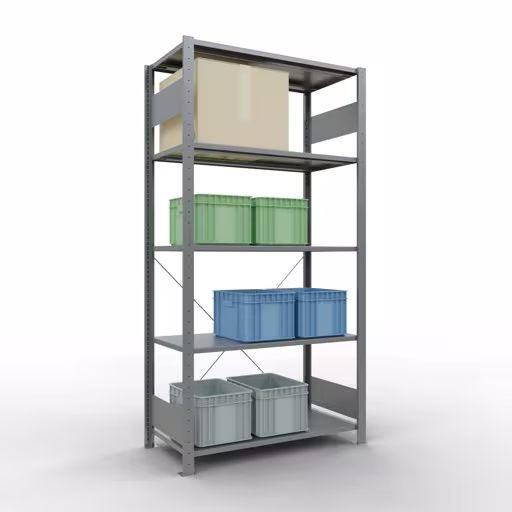 Productafbeelding nr. 14 van het artikel basisplank, legbord, insteeksysteem MULTIplus85, 2000 x 1000 x 500 mm (HxBxD), 5 legborden, kruisschoor, verzinkt Figuur nr. 14 van het artikel basisrek, legplank-insteeksysteem MULTIplus85, 2000 x 1000 x 500 mm, 5 legborden, verzinkt uit de productgroep insteeksysteem van het merk Schulte Lagertechnik.