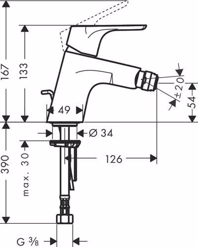 Technische Zeichnung 4039205 Hansgrohe FOCUS ééngreeps bidetmengkraan, nominale maat 15 met G 1 1/4 inch Badoverloop-inlaatcombinatie chroom