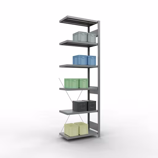 Aanbouwrekken, rekken, insteeksysteem MULTIplus250, 2500 x 750 x 400 mm (HxBxD), 6 legborden, kruisschoor, verzinkt uit de categorie aanbouwrekken met de GTIN 4004514237767 Aanbouwrekken, rekken, insteeksysteem MULTIplus250, 2500 x 750 x 400 mm, 6 legborden, kruisschoor, verzinkt van Schulte Lagertechnik uit het assortiment insteeksysteem