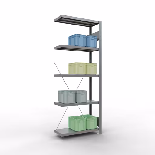 Andere weergave van het artikel Aanbouwplank, legbord, insteeksysteem MULTIplus250, 2000 x 750 x 300 mm (HxBxD), 5 legborden, kruisschoor, verzinkt Andere weergave van het artikel Aanbouwrekken, legbord, insteeksysteem MULTIplus250, 2000 x 750 x 300 mm, 5 legborden, kruisschoor, verzinkt uit de categorie insteeksysteem