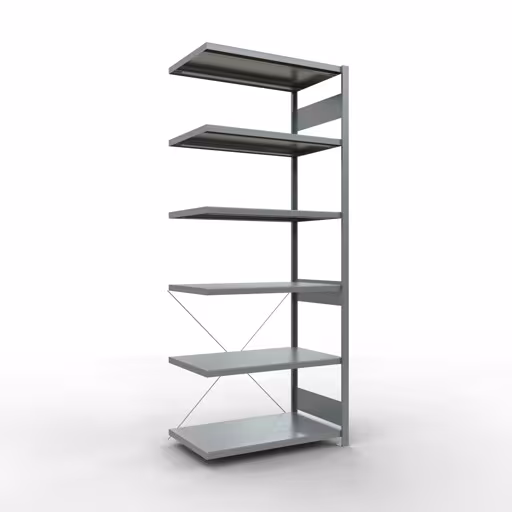 Aanbouwrekken, legbordstellingen, insteeksysteem MULTIplus250, 2500 x 1000 x 600 mm, 6 legborden, kruisschoor, verzinkt van Schulte Lagertechnik met artikelnr. 12966