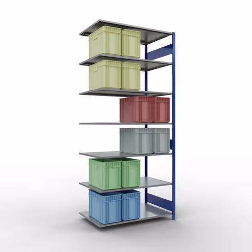 Aanbouwrekken, rekken, insteeksysteem MULTIplus150, 3000 x 1300 x 800 mm (HxBxD), 7 legborden, lengtestangen, RAL 5010 gentiaanblauw/verzinkt uit de categorie aanbouwrekken met de GTIN 4004514281654 Aanbouwrekken, rekken, insteeksysteem MULTIplus150, 3000 x 1300 x 800 mm, 7 legborden, lengtestangen, RAL 5010 gentiaanblauw/verzinkt van Schulte Lagertechnik uit het assortiment insteeksysteem