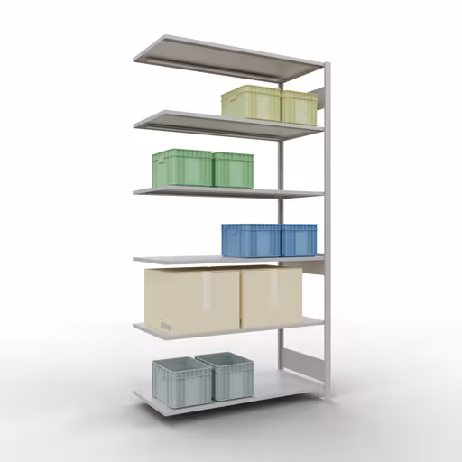 Aanbouwrekken, legbordstellingen, insteeksysteem MULTIplus150, 2500 x 1300 x 600 mm, 6 legborden, lengtestangen, RAL 7035 lichtgrijs met artikelnr. 32666-130-LR Aanbouwrekken, rekken, insteeksysteem MULTIplus150, 2500 x 1300 x 600 mm, 6 legborden, lengtestangen, RAL 7035 lichtgrijs van Schulte Lagertechnik uit de categorie insteeksystemen