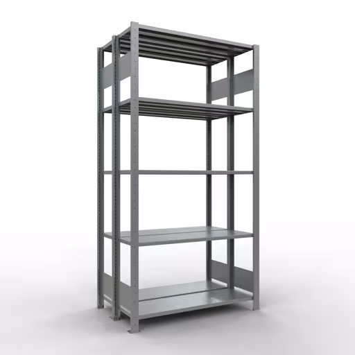 Figuur nr. 13 van het artikel basisrek, dubbel legbord, legbordinsteeksysteem MULTIplus150, 2000 x 1000 x (2x300) mm, 2x5 legborden, lengtestangen, verzinkt uit de productgroep legbordstellingen van Schulte Lagertechnik.