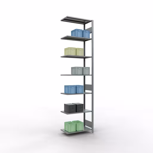 Aanbouwrekken, rekken, insteeksysteem MULTIplus150, 3000 x 750 x 400 mm (HxBxD), 7 legborden, lengtestangen, verzinkt uit de categorie aanbouwrekken met de GTIN 4004514280268 Aanbouwrekken, legbord, insteeksysteem MULTIplus150, 3000 x 750 x 400 mm, 7 legborden, verzinkt van het merk Schulte Lagertechnik uit het assortiment insteeksysteem