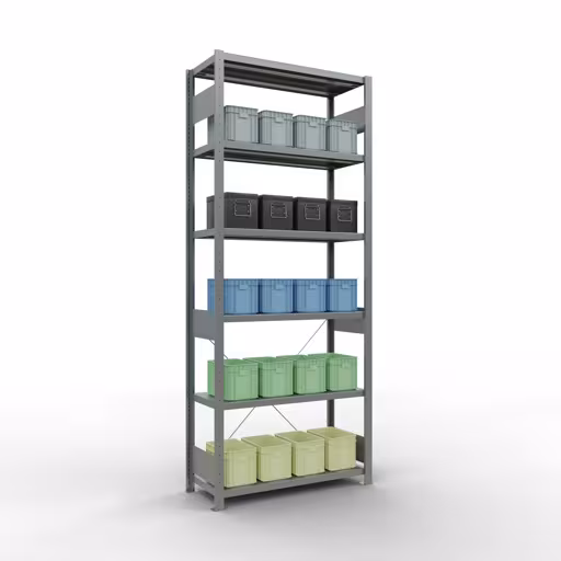 Productafbeelding nr. 14 van het artikel basisplank, legbord, insteeksysteem MULTIplus330, 2500 x 1000 x 400 mm (HxBxD), 6 legborden, kruisschoor, verzinkt Afbeelding nr. 14 van het artikel basisrek, legbord, insteeksysteem MULTIplus330, 2500 x 1000 x 400 mm, 6 legborden, kruisschoor, verzinkt uit de productgroep insteeksysteem van Schulte Lagertechnik