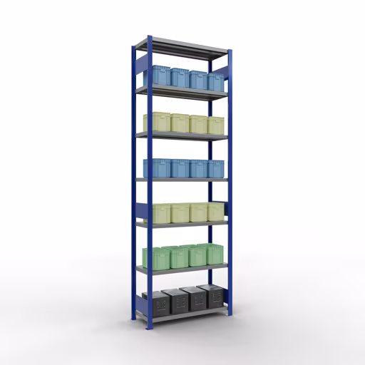 Productafbeelding nr. 12 van het artikel basisplank, legbord, insteeksysteem MULTIplus330, 3000 x 1000 x 400 mm (HxBxD), 7 legborden, lengtestang, RAL 5010 gentiaanblauw/verzinkt Figuur nr. 12 van het artikel basisrek, legbord, insteeksysteem MULTIplus330, 3000 x 1000 x 400 mm, 7 legborden, lengtestangen, RAL 5010 gentiaanblauw/verzinkt uit de insteeksysteem productgroep van Schulte Lagertechnik