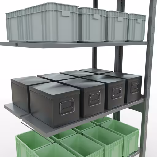 Afbeelding nr. 13 van het artikel aanbouwstelling, dubbele stelling, stellingstelling insteeksysteem MULTIplus150, 2500 x 1000 x (2x300) mm, 2x6 legborden, kruisschoor, verzinkt uit de stellingstelling productgroep van Schulte Lagertechnik