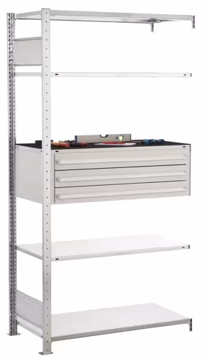 Aanbouwplank, ladeplank MULTIplus150, 2000 x 1000 x 500 mm (HxBxD), 4 MULTIplus150 planken, 1 stuks set van 3 laden, gegalvaniseerd, ladeplanken, art.nr. 14685
