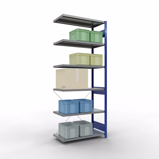 Aanbouwrekken, rekken, insteeksysteem MULTIplus250, 2500 x 1000 x 500 mm, 6 legborden, kruisschoor, RAL 5010 gentiaanblauw/verzinkt van het merk Schulte Lagertechnik uit het assortiment insteeksysteem