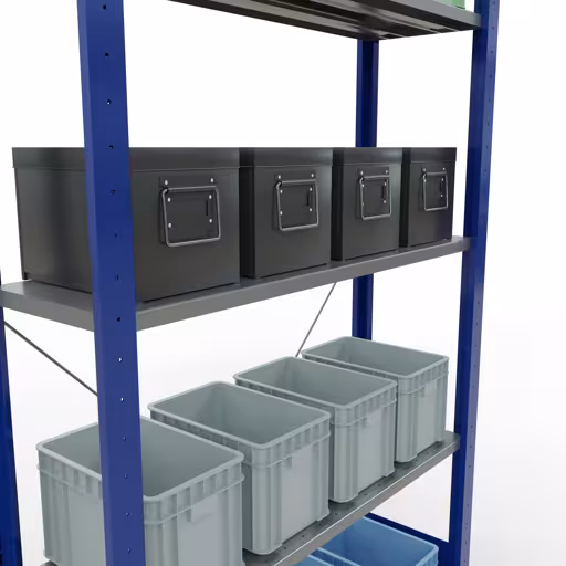 Productafbeelding nr. 13 van het artikel basisplank, legbord, insteeksysteem MULTIplus85, 2000 x 1000 x 300 mm (HxBxD), 5 legborden, kruisschoor, RAL 5010 gentiaanblauw Figuur nr. 13 van het artikel basisrek, legplank-insteeksysteem MULTIplus85, 2000 x 1000 x 300 mm, 5 legborden, RAL 5010 gentiaanblauw uit de productgroep insteeksysteem van het merk Schulte Lagertechnik.