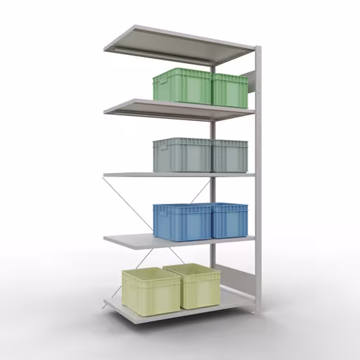 Productafbeelding nr. 15 van het artikel Aanbouwrekken, legbordstellingen, insteeksysteem MULTIplus150, 2000 x 1000 x 600 mm (HxBxD), 5 legborden, kruisschoor, RAL 7035 lichtgrijs Figuur nr. 15 van het artikel aanbouwrekken, legbordstellingen, insteeksysteem MULTIplus150, 2000 x 1000 x 600 mm, 5 legborden, kruisschoor, RAL 7035 lichtgrijs uit de insteeksysteem productgroep van Schulte Lagertechnik.