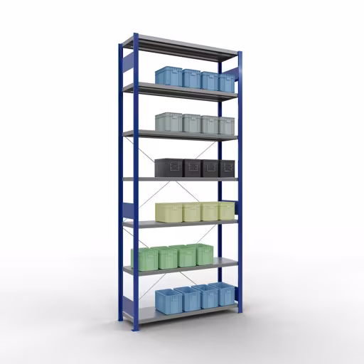 Basisplank, legplank, insteeksysteem MULTIplus250, 3000 x 1300 x 400 mm, 7 legborden, RAL 5010 gentiaanblauw/verzinkt van Schulte Lagertechnik met het artikelnr. 12942-130-B