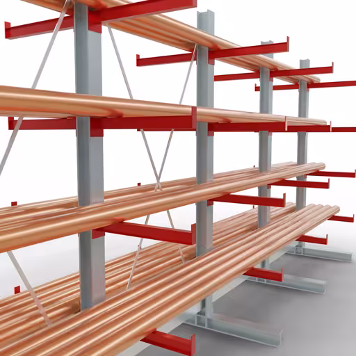 Productafbeelding nr. 11 van artikel K 3000 complete plank, dubbelzijdig, 2500 x 5200 x 600 mm, RAL 7001 / RAL 3000, 5 opslagniveaus Afbeelding nr. 11 van het artikel K 3000 complete stelling, dubbelzijdig, 2500 x 5200 x 600 mm, RAL 7001 / RAL 3000, 5 opslagniveaus uit de productgroep draagarmstellingen van Schulte Lagertechnik