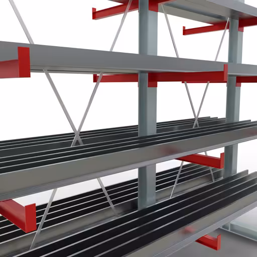 Productafbeelding nr. 11 van artikel K 3000 complete plank, dubbelzijdig, 2500 x 2600 x 600 mm, RAL 7001 / RAL 3000, 5 opslagniveaus Figuur nr. 11 van het artikel K 3000 complete stelling, dubbelzijdig, 2500 x 2600 x 600 mm, RAL 7001 / RAL 3000, 5 opslagniveaus uit de productgroep draagarmstellingen van Schulte Lagertechnik.